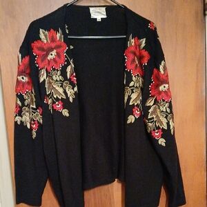 Susan Bristol Black Cardigan with Red Floral Embroidery